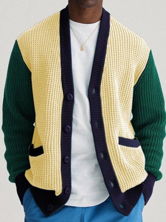 メンズ 衣類 メンズ カーディガン メンズ セーター メンズ カーディガン ラウンジ カラーブロック 長袖 スタイリッシュ イエロー イエロー