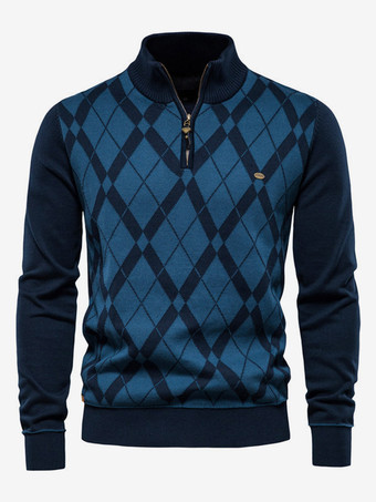 Blu scuro Maglioni da uomo Pullover da uomo Maglieria Ritratto Collo Plaid Inverno Nero Blu profondo