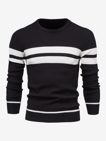 ブラック メンズ セーター ニット プルオーバー ジュエルネック ストライプ トップス
