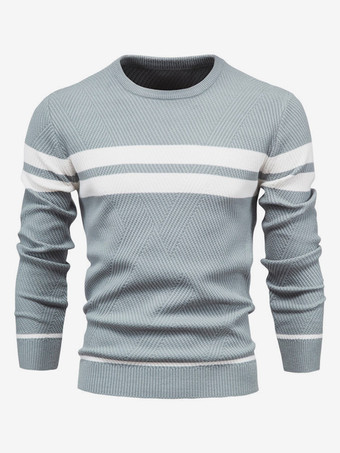 ブルー メンズ セーター ニット プルオーバー ジュエルネック ストライプ トップス