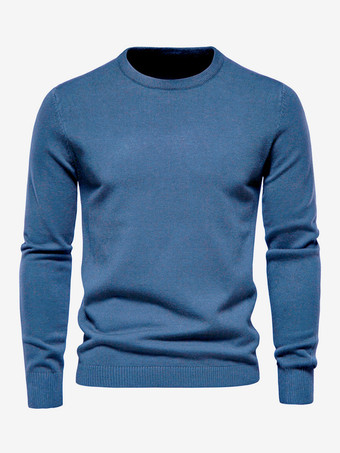 ブルー メンズセーター メンズプルオーバーニット ジュエルネック 春 ダークネイビー ホワイト