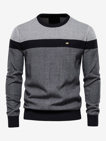 ダークグレー メンズ セーター メンズ プルオーバー ニットウェア ジュエル ネック カラーブロック ウィンター オレンジ ディープ グレー