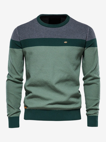 グリーン メンズ セーター メンズ プルオーバー ニットウェア ジュエル ネック カラーブロック ウィンター オレンジ ディープ グレー