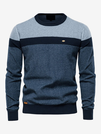 ダークネイビーメンズ セーター メンズ プルオーバー ニットウェア ジュエル ネック カラーブロック ウィンター オレンジ ディープ グレー