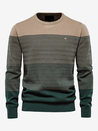 カーキ メンズ セーター メンズ プルオーバー ニット ジュエル ネック ストライプ 春 オレンジ レッド