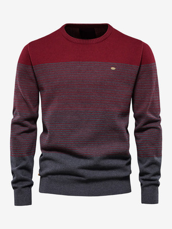 レッド メンズ セーター メンズ プルオーバー ニット ジュエル ネック ストライプ 春 オレンジ レッド