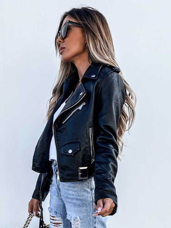 PU レザー ジャケット 長袖 ジッパー ポケット モト クロップ ジャケット