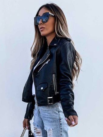 PU レザー ジャケット 長袖 ジッパー ポケット モト クロップ ジャケット