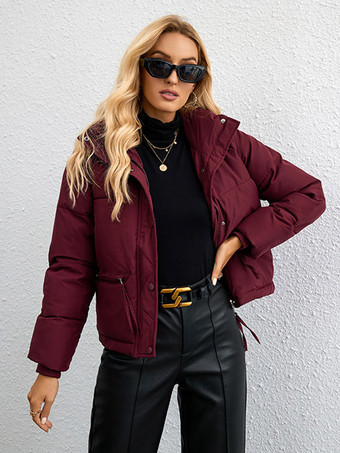 ワインレッド 中綿入りジャケット スタンドカラー カジュアル 冬 アウター レディース