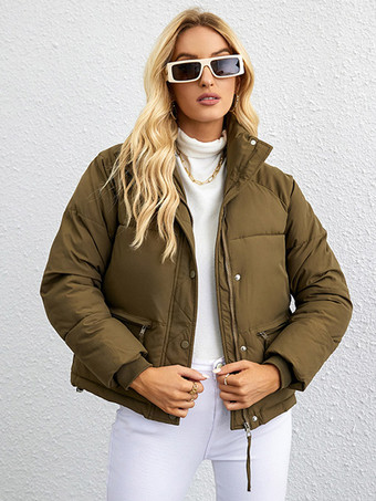 グリーン 中綿入りジャケット スタンドカラー カジュアル 冬 アウター レディース