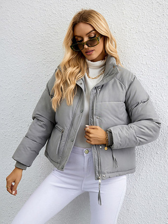 グレイ中綿入りジャケット スタンドカラー カジュアル 冬 アウター レディース