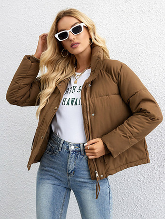 ブラウン 中綿入りジャケット スタンドカラー カジュアル 冬 アウター レディース