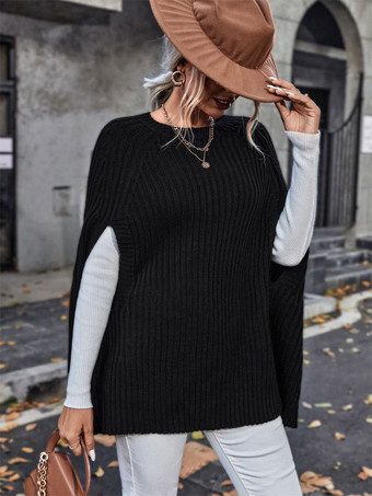 ニットポンチョ ジュエルネック ブラック 秋 春 ケープ