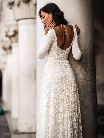 ウェディングドレス ジュエルネック 長袖 スイープレース ブライダルドレス