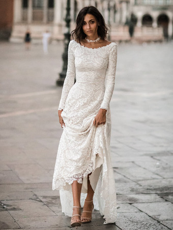 ウェディングドレス ジュエルネック 長袖 スイープレース ブライダルドレス