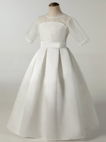 Hochzeits-Party-Kleider für Kinder  geselliges Party-Kleid  Hochzeit  schönes Blumenmädchen-Kleid  Blumenmädchen-Kleider  halbe Ärmel  Spitze  Elfenbeinfarben