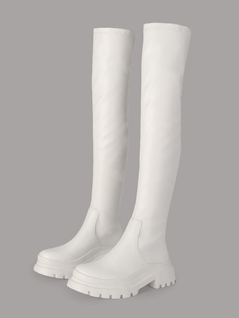 blanc Cuissardes en cuir PU à talons épais chaussures pour femmes