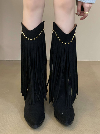 レディース ミッドカーフブーツ マイクロスエード アッパー ポインテッドトゥ チャンキーヒール ブーツ