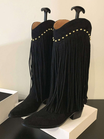 ブラック レディース ミッドカーフブーツ マイクロスエード アッパー ポインテッドトゥ チャンキーヒール ブーツ