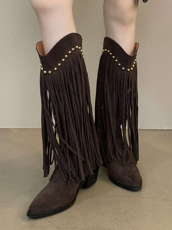 レディース ミッドカーフブーツ マイクロスエード アッパー ポインテッドトゥ チャンキーヒール ブーツ