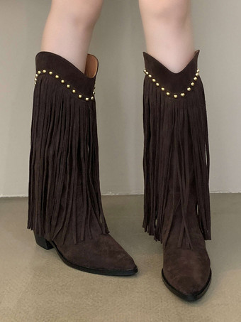 レディース ミッドカーフブーツ マイクロスエード アッパー ポインテッドトゥ チャンキーヒール ブーツ