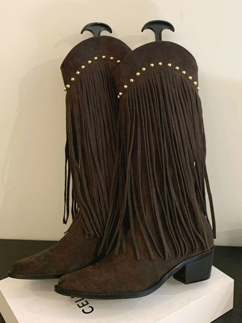 ディープブラウンレディース ミッドカーフブーツ マイクロスエード アッパー ポインテッドトゥ チャンキーヒール ブーツ