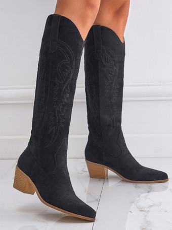 レディース マイクロ スエード アッパー チャンキーヒール ニーハイ ブーツ