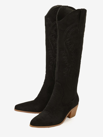 レディース マイクロ スエード アッパー チャンキーヒール ニーハイ ブーツ