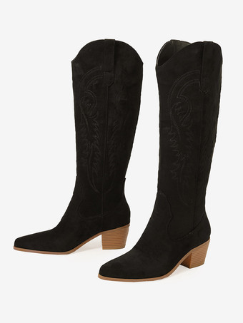 レディース マイクロ スエード アッパー チャンキーヒール ニーハイ ブーツ