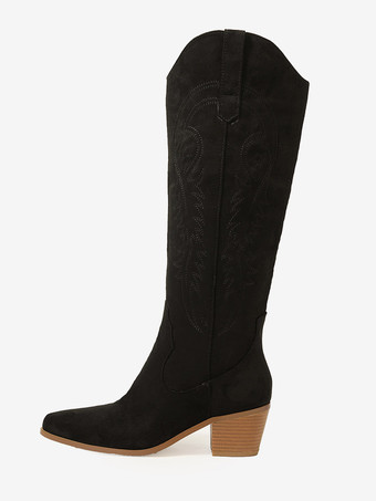 ブラック レディース マイクロ スエード アッパー チャンキーヒール ニーハイ ブーツ