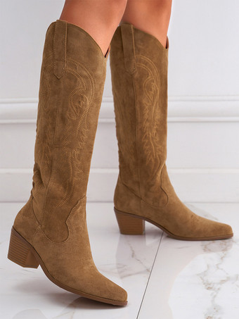 レディース マイクロ スエード アッパー チャンキーヒール ニーハイ ブーツ