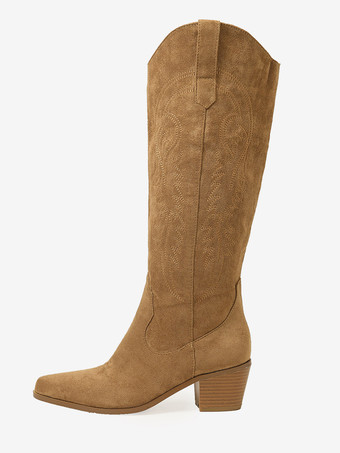 カーキ レディース マイクロ スエード アッパー チャンキーヒール ニーハイ ブーツ