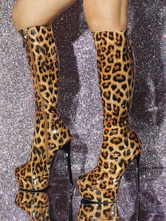 レディース パテント PU アッパー スティレットヒール ニーハイ ブーツ