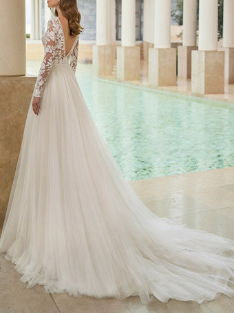 Robe de Mariée Simple Robe de mariée dentelle Ivoire manches longues col rond en tulle