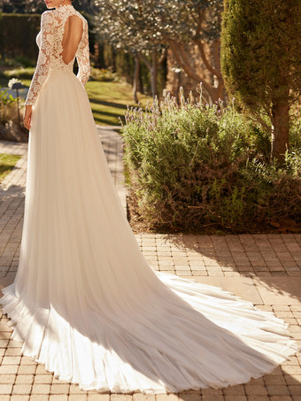 Abiti da Sposa Semplici Avorio maniche lunghe in tulle con collo alto svasata Abito da Sposa Semplice