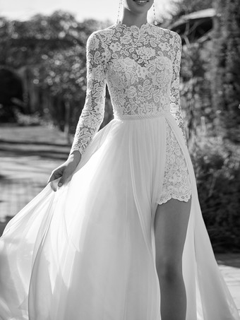 Abiti da Sposa Semplici Avorio maniche lunghe in tulle con collo alto svasata Abito da Sposa Semplice
