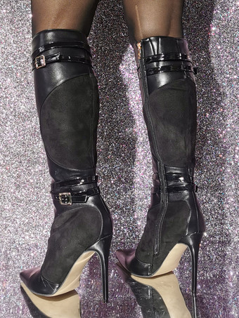 レディース PUレザー スティレットヒール ニーハイブーツ