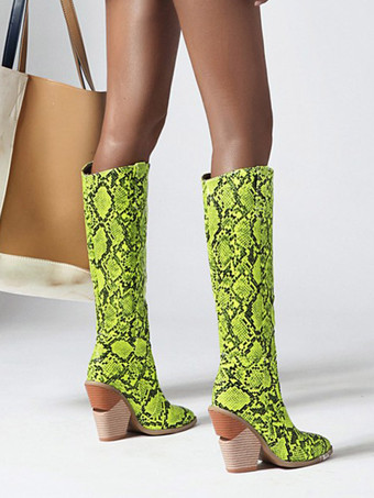 レディース ニーハイブーツ スネークプリント 異形ウエスタンブーツ