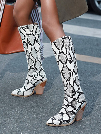 ホワイト レディース ニーハイブーツ スネークプリント 異形ウエスタンブーツ