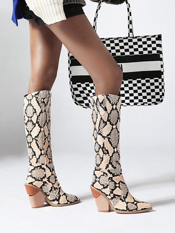 レディース ニーハイブーツ スネークプリント 異形ウエスタンブーツ