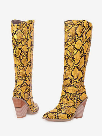 イエローレディース ニーハイブーツ スネークプリント 異形ウエスタンブーツ