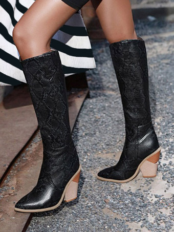 ブラック レディース ニーハイブーツ スネークプリント 異形ウエスタンブーツ
