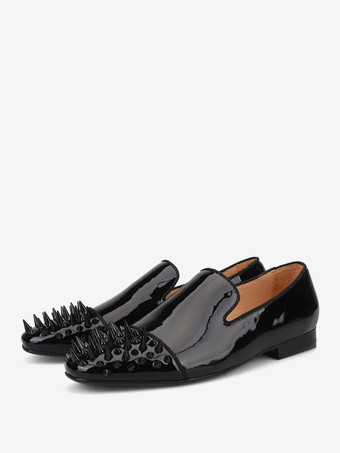 PUブラックメンズ リベット ローファー シューズ パテントレザー アートワーク スリッポン プロム パーティー ウェディングシューズ