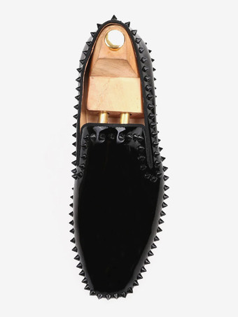 メンズ リベット ローファー シューズ スリッポン アートワーク ラウンドトゥ パテントレザー プロム パーティー ウェディングシューズ