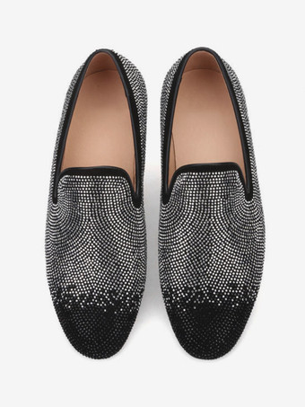 メンズ リベットローファー ブラック シルバー クリスタル ラインストーン スリッパ スリッポン ラウンドトゥ スエードアッパー プロム パーティー ウェディングシューズ