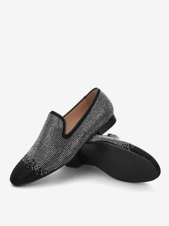 メンズ リベットローファー ブラック シルバー クリスタル ラインストーン スリッパ スリッポン ラウンドトゥ スエードアッパー プロム パーティー ウェディングシューズ