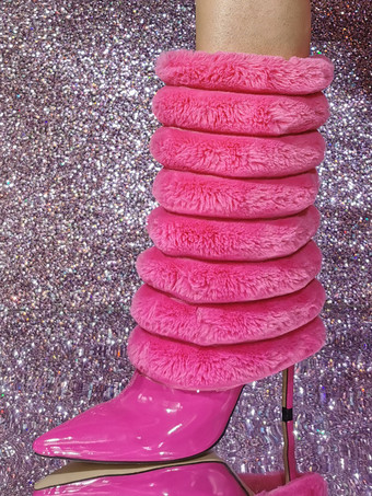 女性用パテントPUアッパーポインテッドトゥスティレットヒールミッドカーフブーツ