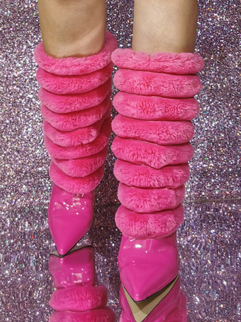 女性用パテントPUアッパーポインテッドトゥスティレットヒールミッドカーフブーツ