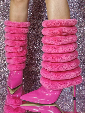 女性用パテントPUアッパーポインテッドトゥスティレットヒールミッドカーフブーツ