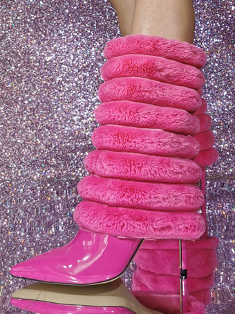 女性用パテントPUアッパーポインテッドトゥスティレットヒールミッドカーフブーツ